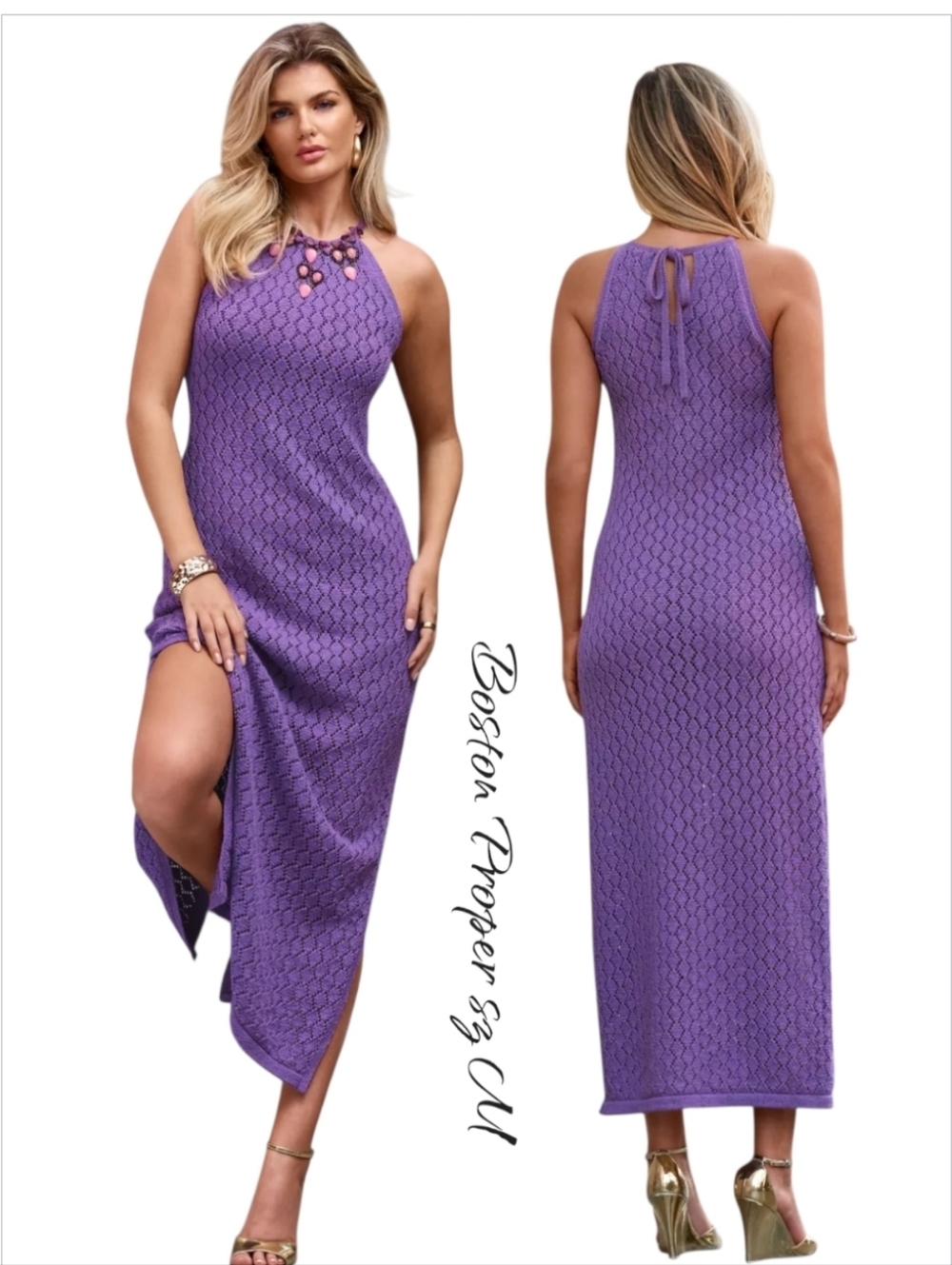 Boston Proper Multi Color Crystal Trim Crochet Halter Dress Purple M